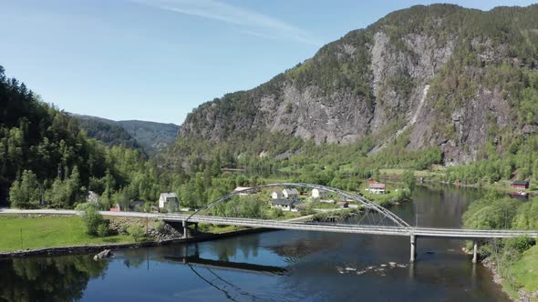 Bridge over incredible amazing Vaksdal Bolstadfjorden fjord Norway aerial