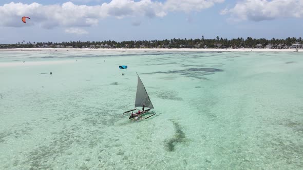 Aerial View of a Boat in the Ocean Near the Coast of Zanzibar Tanzania