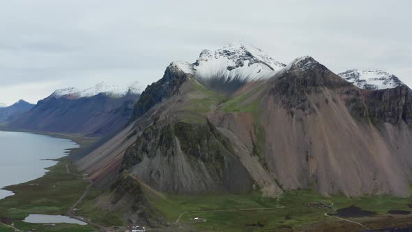 Drone Flight Of Vestrahorn Mountain With Snowy Peak