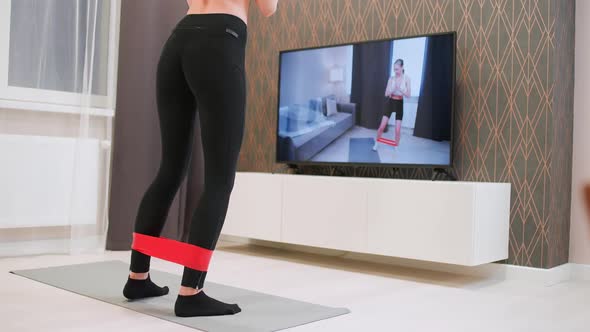 Wellness Female is Engaged in Fitness with a Coach Makes a Workout Online in Front of the TV Private