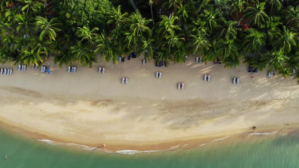 Blue Lagoon and Sandy Beach with Palms. Aerial View of Blue Lagoon and Sun Beds on Sandy Beach