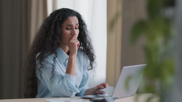 Worried Upset Young Businesswoman Accountant Bookkeeper Bank Worker Feel Stressed About High Tax