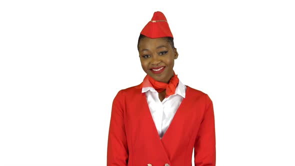 Afro American Stewardess i Smiles Looks Into the Distance . Alpha Channel