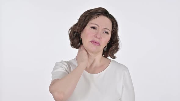 Old Woman with Neck Pain on White Background