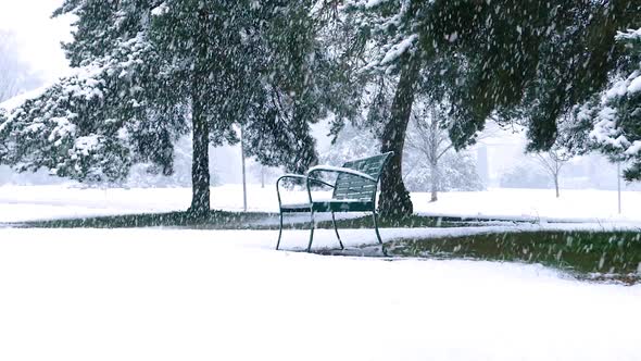 Winter Village - Falling Snow - Park Bench
