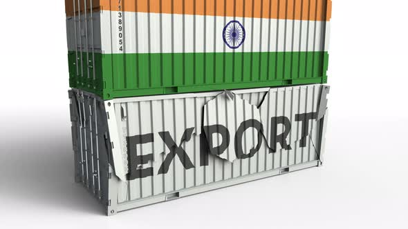 Container with EXPORT Text Being Crashed with Container with Flag of India alt