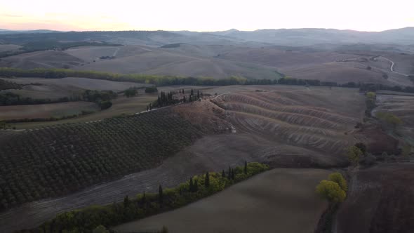 Val d'Orcia Tuscan Rolling Hills Countryside Valley in Tuscany Aerial View