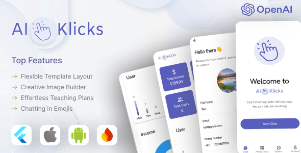 Aiklick - Ai Chatboat, Content, Image, Voice, Code OpenAI Powered Flutter SAAS Mobile Application