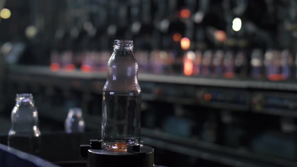 Movement of Finished Products Right From the Furnace Glass Bottles on the Conveyor Belt at the Glass