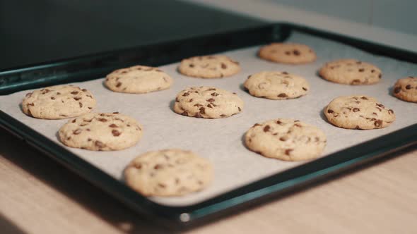 Freshly Baked Cookies Lay on Baking Sheet Closeup