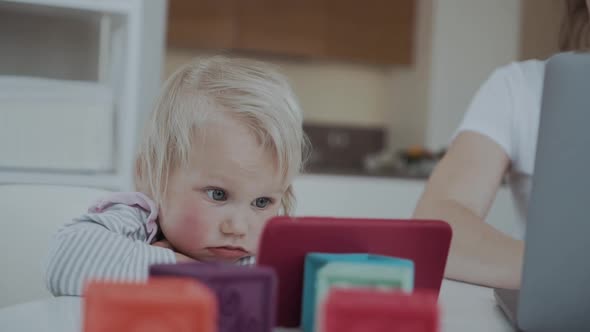 Adorable Toddler Child Looks Carefully at a Smartphone While Sitting at a Table