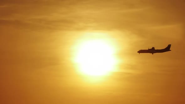 Plane Silhouette Landing on Sunset and Sky Background in Airport of Thailand