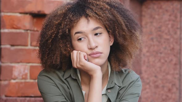 Closeup Pensive Young African American Woman Spend Free Time Alone Sitting Outdoors Lost Deep in