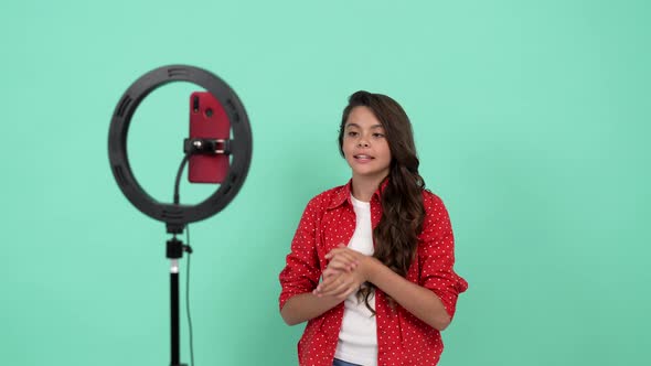 Cheerful Teen Girl Blogger Waving Hello Use Selfie Led for Online Webinar Webinar