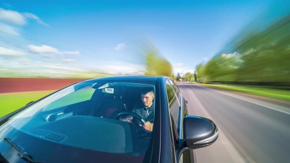 Hyperlapsed View From a Car. POV in Rural Landscapes