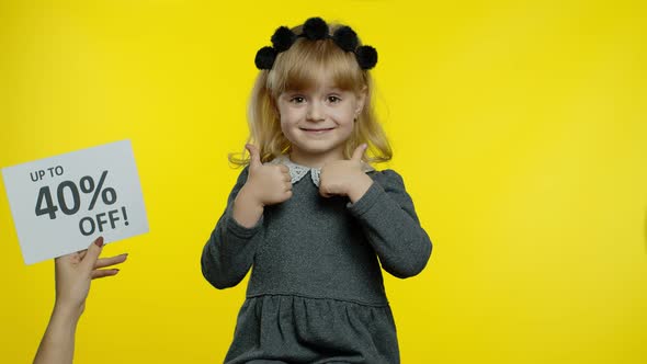 Inscription Up To 40 Percent Off Appears Next To Smiling Child Girl. Preschooler Kid Celebrating