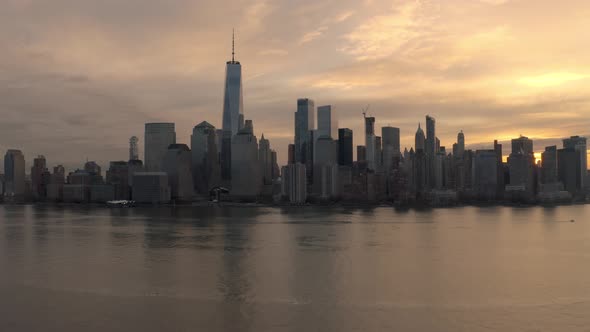 Aerial footage of lower Manhattan; taken from Jersey City