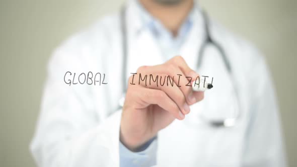 Global Immunization, Doctor Writing on Transparent Screen