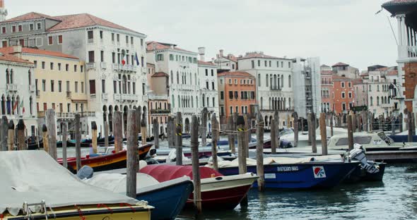 Panoramic View of Narrow Street with Colorful Houses on Both Sides of the Canal