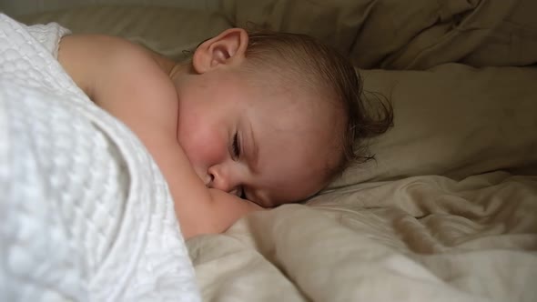 Peaceful Adorable Baby Sleeping on His Bed in a Room at Home