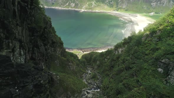 Aerial Shot of Hoddevik Beach from a Valley