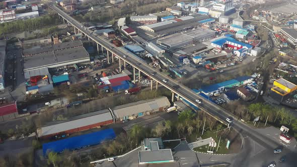 Spring View From a Drone of a Bridge with a Road Junction at Dawn