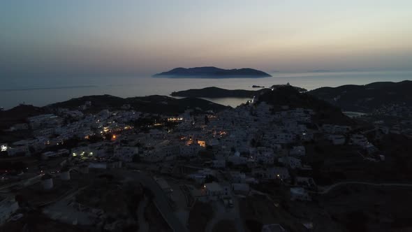 Village of Chora on the island of Ios night view from the sky