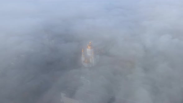 Cathedral In Rivne Aerial Shot In The Fog