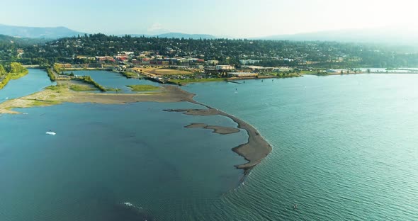 Hood River Oregon Panoramic Cinematic Aerial View City Mount Hood