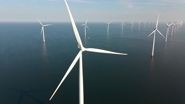 Wind Turbine From Aerial View Drone View at Windpark Westermeerdijk a Windmill Farm in the Lake