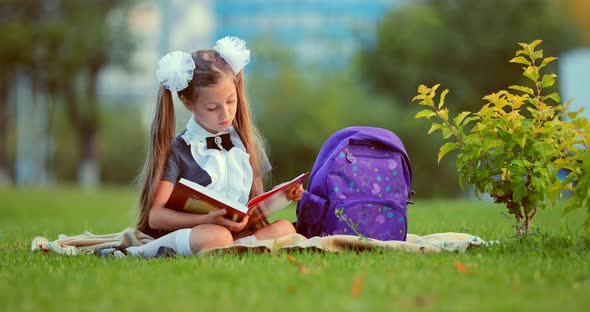 Girl on the Lawn in the Park Reading a Fascinating Book