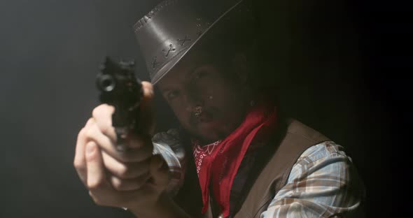 Portrait of a tough wild west cowboy aiming his gun, smoking a cigar, 4k