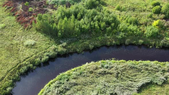 Aerial View From Drone on Summer Forest, Field and River