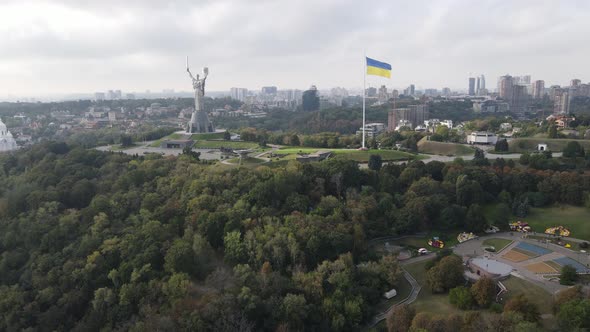 Aerial View of the Flag of Ukraine in Kyiv. Slow Motion. Kiev