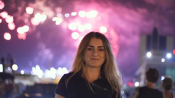 A Woman Watching the Beautiful Holiday Fireworks and Having Fun Slow Motion