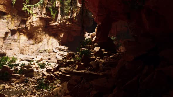 Cave in an Extinct Volcano Covered with Grass and Plants