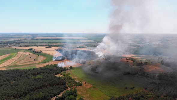 Aerial View of Fire in Wheat Field. Flying Over Smoke Above Agricultural Fields