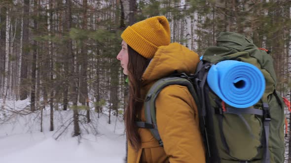 Girl Tourist Goes on a Winter Forest Road with a Backpack on Her Shoulders