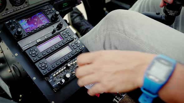 Close Up View at Pilot Take Control Handle to Take Off on Helicopter