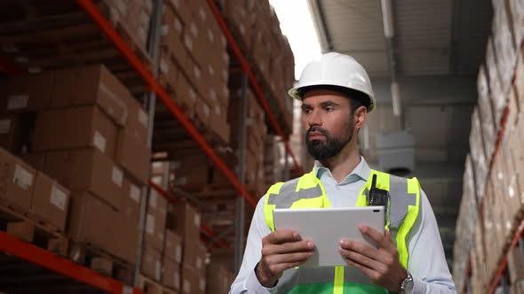 Serious Supervisor Taking Inventory in Storehouse