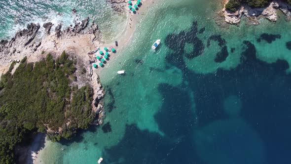 Idyllic Tropical Coastline Aerial View Paradise Beach in Albania Ksamil Beautiful Island in Bay of