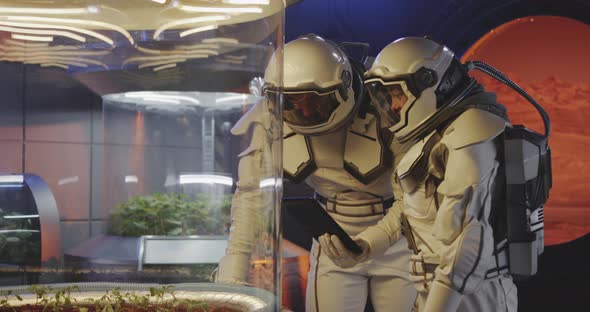 Astronauts Examining Plant Incubator