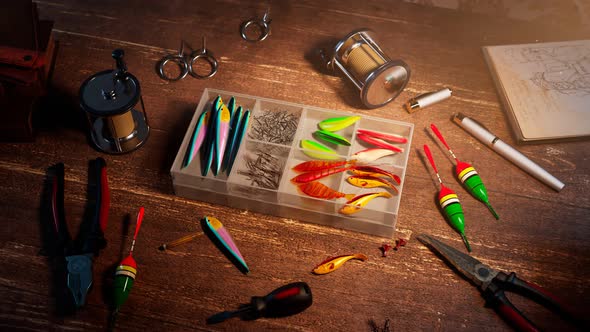 Fishing accessories in a box on a wooden desk. Colourful fish-baits and tools.