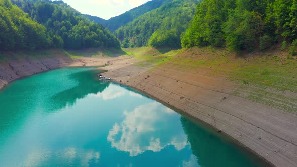 Aerial View on Beautiful Shallow Lake Bed Zaovine Lake From Tara Mountain in Serbia