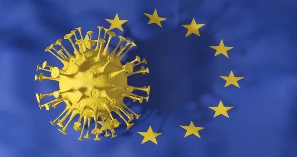 COVID-19 coronavirus cell rotating above EU european union waving flag with shadow