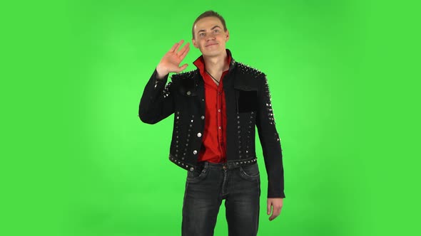 Guy Waving Hand and Showing Gesture Come Here. Green Screen