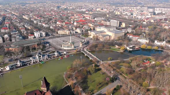 Beautiful flight in the morning over Heroes Square in Budapest. Hungary.