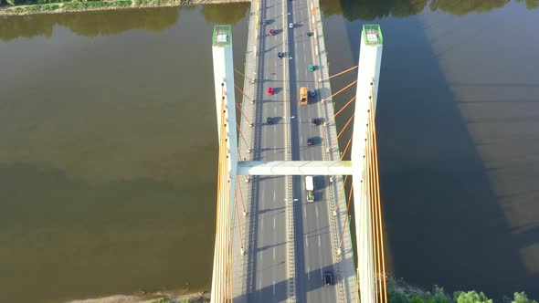 Aerial Drone Flight top down View of freeway busy city rush hour heavy traffic jam highway. Aerial v