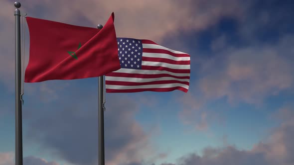 Morocco Flag Waving Along With The National Flag Of The USA - 4K