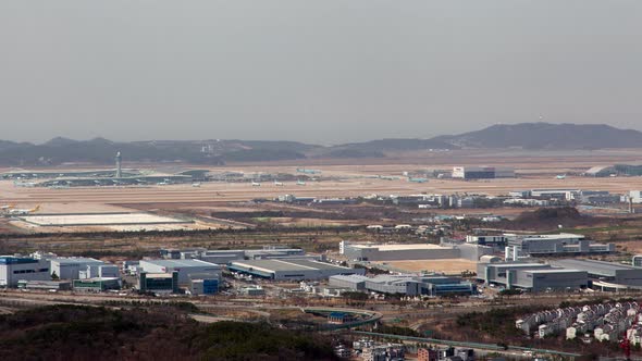 Timelapse Incheon Airport Near City Buildings and Roads